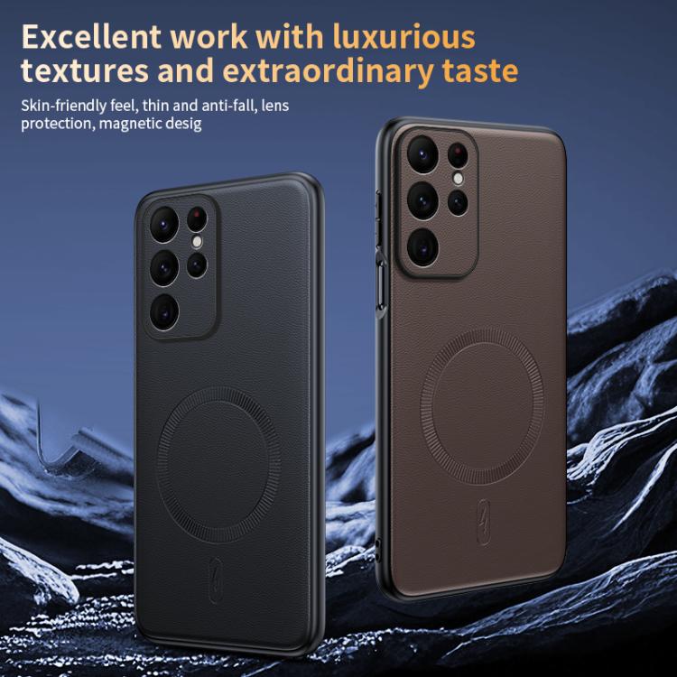 For Samsung Galaxy S24 Ultra 5G Plain Leather MagSafe Shockproof Phone Case