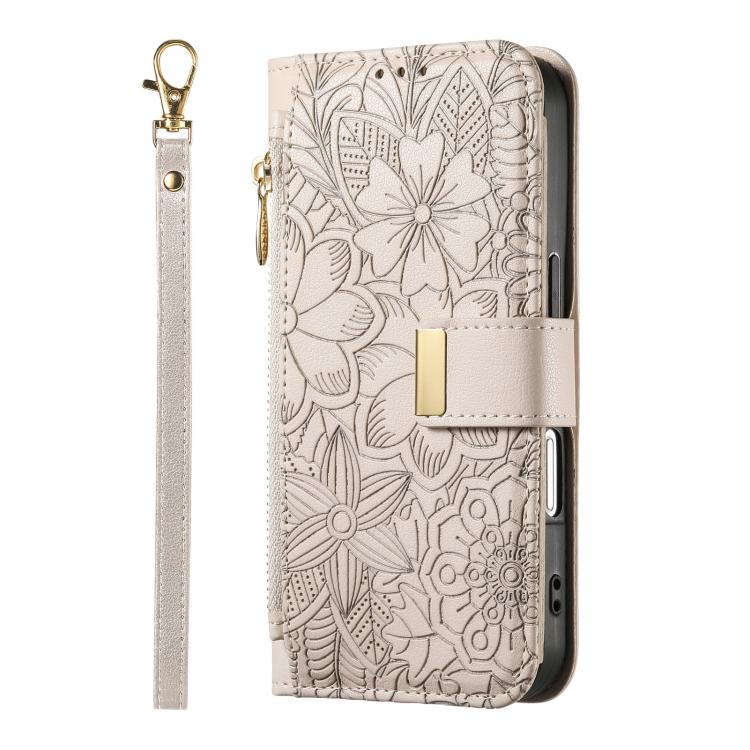 For Honor 400 Lite Glodal Flowers Leaves Zipper Wallet Leather Phone Case with Strap