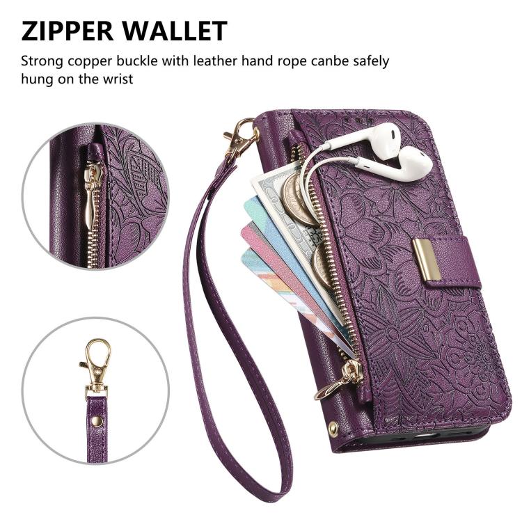 For Nothing Phone 3 Flowers Leaves Zipper Wallet Leather Phone Case with Strap
