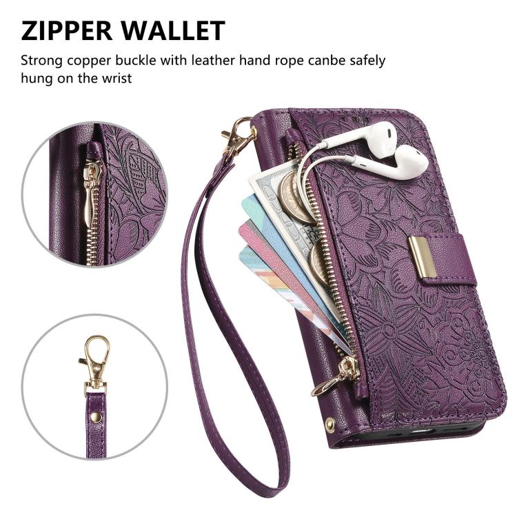 For Oukitel C1 Flowers Leaves Zipper Wallet Leather Phone Case with Strap