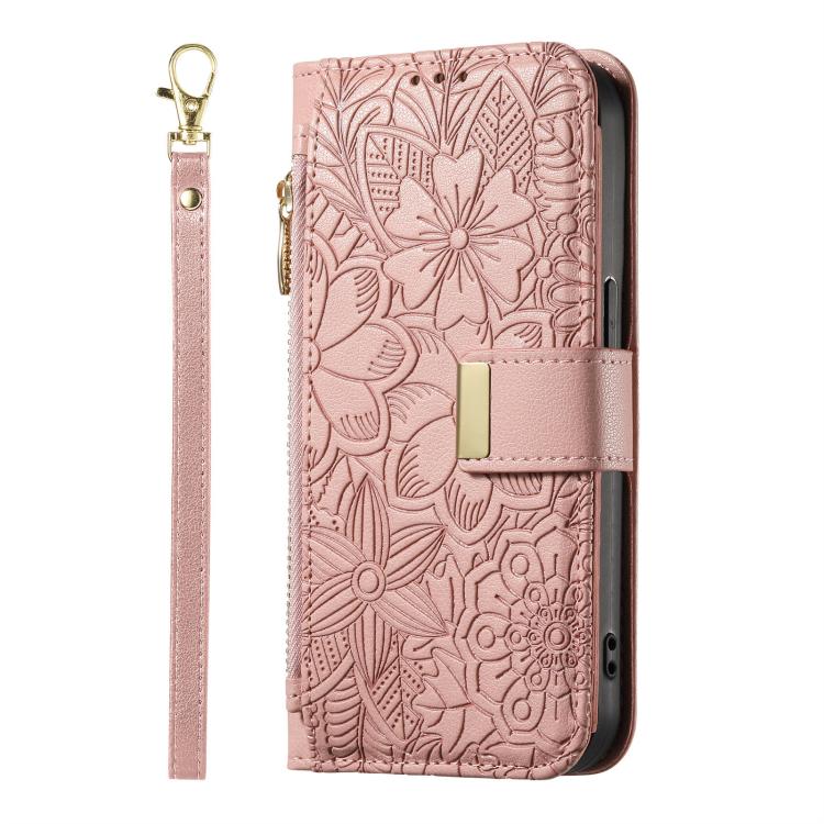 For Redmi Note 14 4G 164.84mm Flowers Leaves Zipper Wallet Leather Phone Case with Strap
