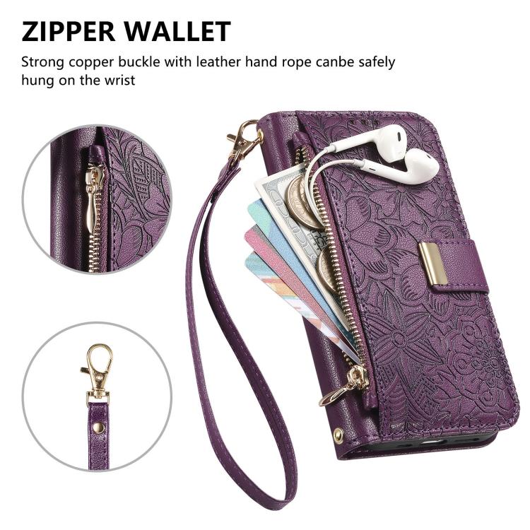 For Redmi Note 14 5G Flowers Leaves Zipper Wallet Leather Phone Case with Strap