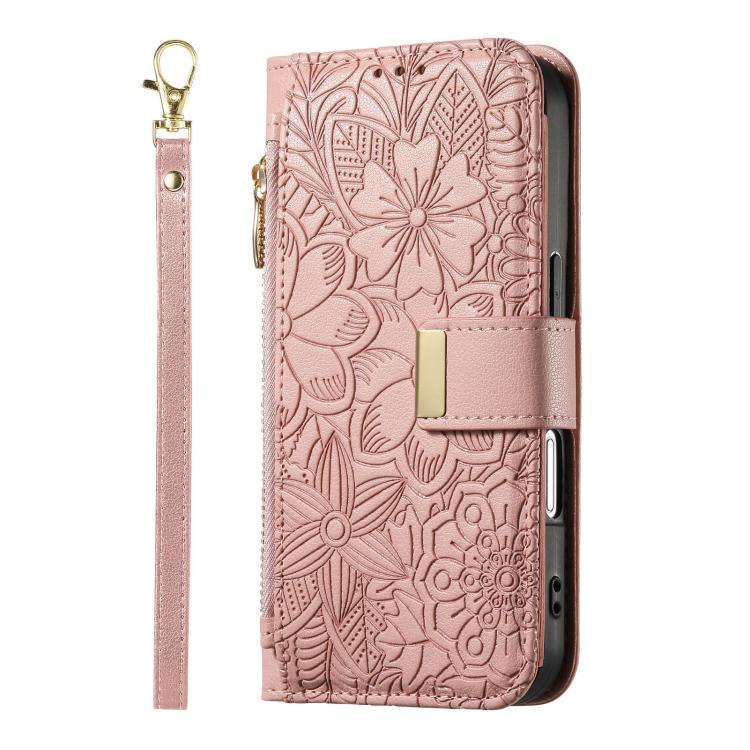 For Redmi Note 14 5G Flowers Leaves Zipper Wallet Leather Phone Case with Strap