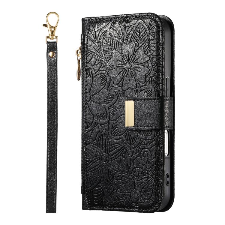 For Redmi Note 14 5G Flowers Leaves Zipper Wallet Leather Phone Case with Strap