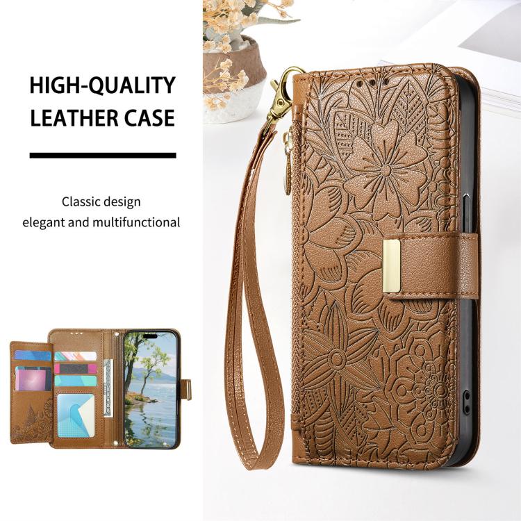 For Redmi Note 14 Pro+ 5G Flowers Leaves Zipper Wallet Leather Phone Case with Strap