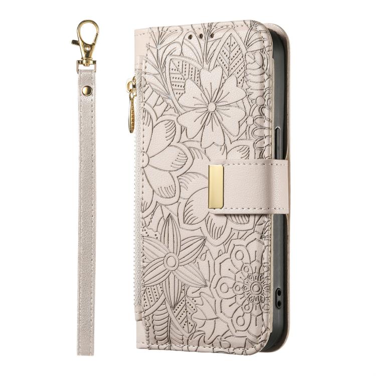 For Redmi Note 14 Pro+ 5G Flowers Leaves Zipper Wallet Leather Phone Case with Strap