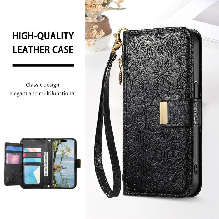 For Redmi Note 14 Pro+ 5G Flowers Leaves Zipper Wallet Leather Phone Case with Strap