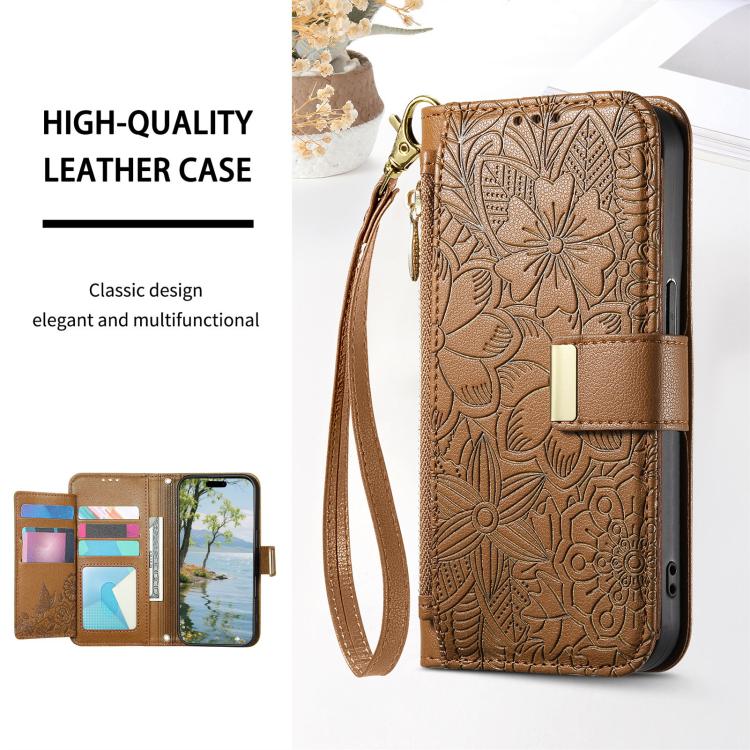 For Redmi Note 13 4G Flowers Leaves Zipper Wallet Leather Phone Case with Strap