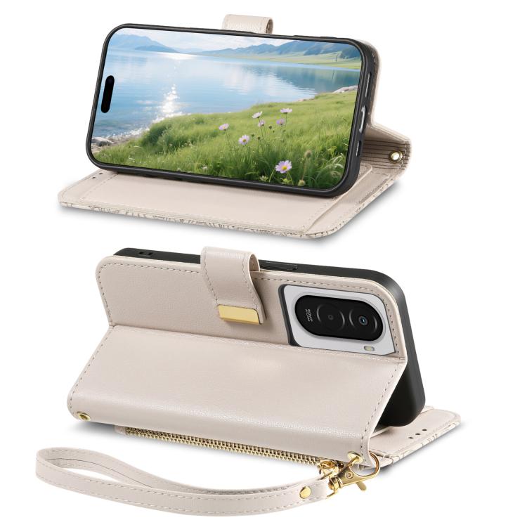 For Xiaomi Poco M7 4G 169mm Flowers Leaves Zipper Wallet Leather Phone Case with Strap