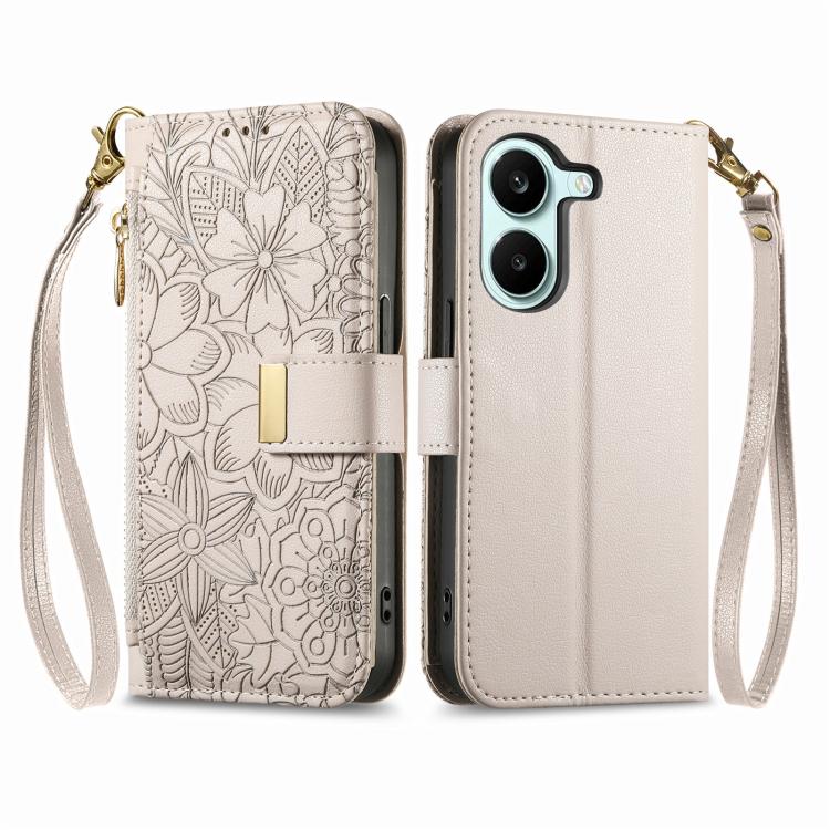 For Redmi Turbo 5 5G Flowers Leaves Zipper Wallet Leather Phone Case with Strap