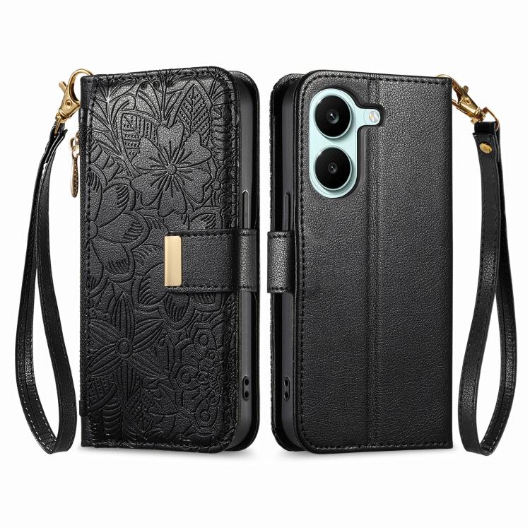 For Redmi Turbo 5 5G Flowers Leaves Zipper Wallet Leather Phone Case with Strap