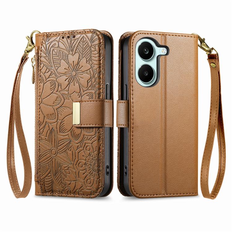 For Xiaomi Poco X8 Pro 5G Flowers Leaves Zipper Wallet Leather Phone Case with Strap