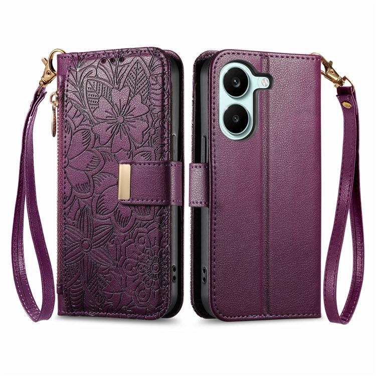 For Xiaomi Poco X8 Pro 5G Flowers Leaves Zipper Wallet Leather Phone Case with Strap