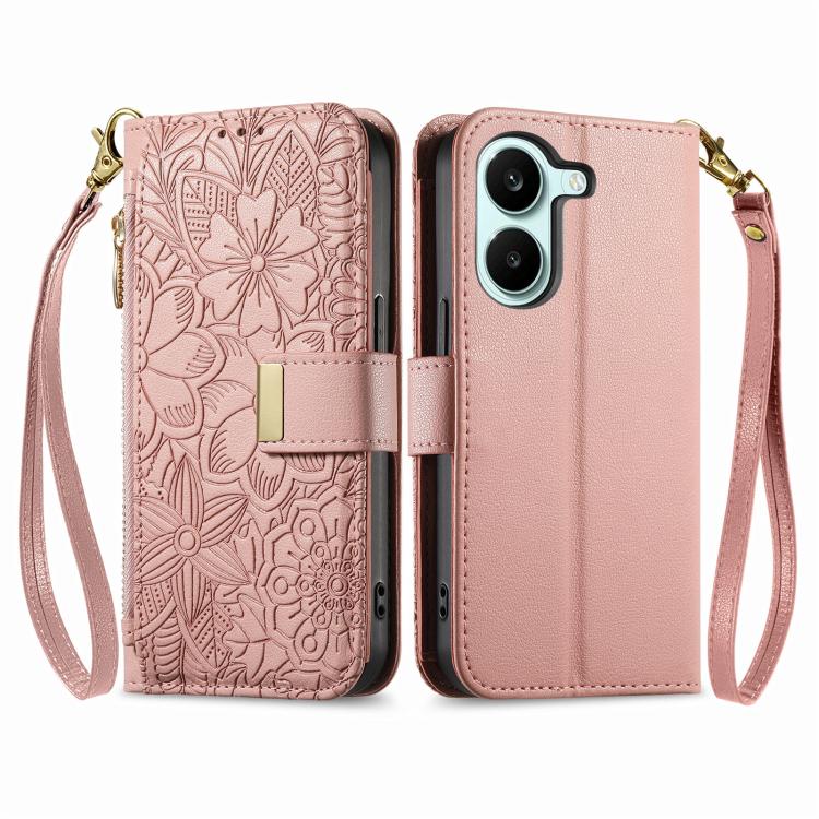 For Xiaomi Poco X8 Pro 5G Flowers Leaves Zipper Wallet Leather Phone Case with Strap