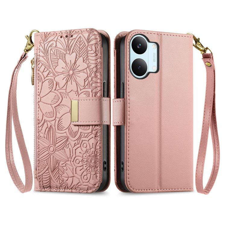 For Redmi Turbo 5 Max 5G Flowers Leaves Zipper Wallet Leather Phone Case with Strap