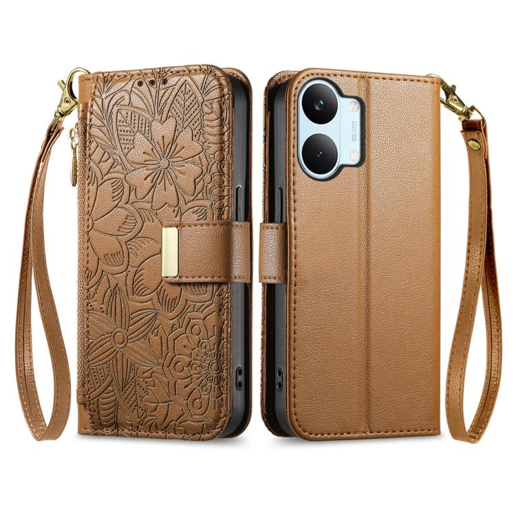 For Xiaomi Poco X8 Pro Max 5G Flowers Leaves Zipper Wallet Leather Phone Case with Strap