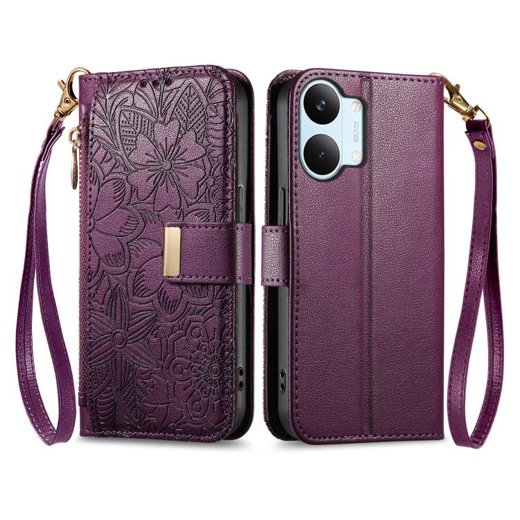 For Xiaomi Poco X8 Pro Max 5G Flowers Leaves Zipper Wallet Leather Phone Case with Strap