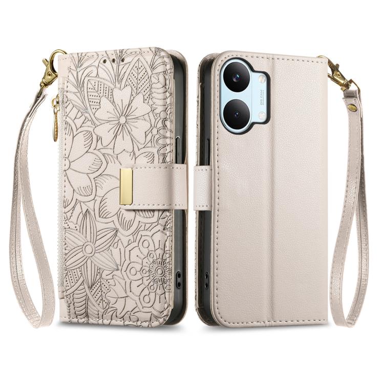 For Xiaomi Poco X8 Pro Max 5G Flowers Leaves Zipper Wallet Leather Phone Case with Strap