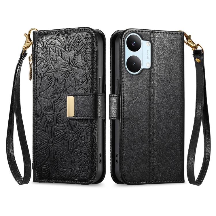 For Xiaomi Poco X8 Pro Max 5G Flowers Leaves Zipper Wallet Leather Phone Case with Strap
