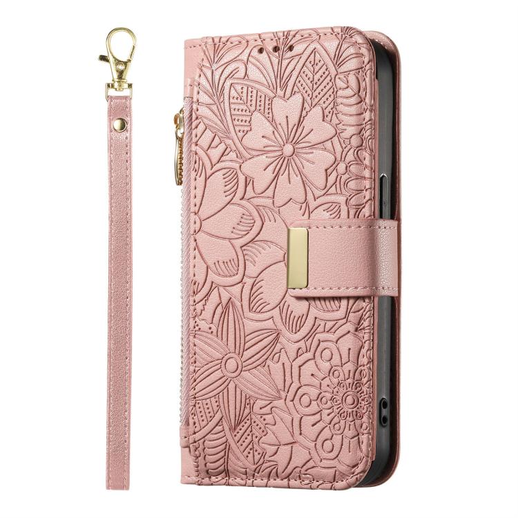 For Fairphone 6 Flowers Leaves Zipper Wallet Leather Phone Case with Strap