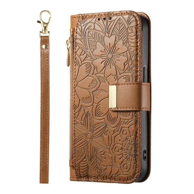 For OnePlus 15 Flowers Leaves Zipper Wallet Leather Phone Case with Strap