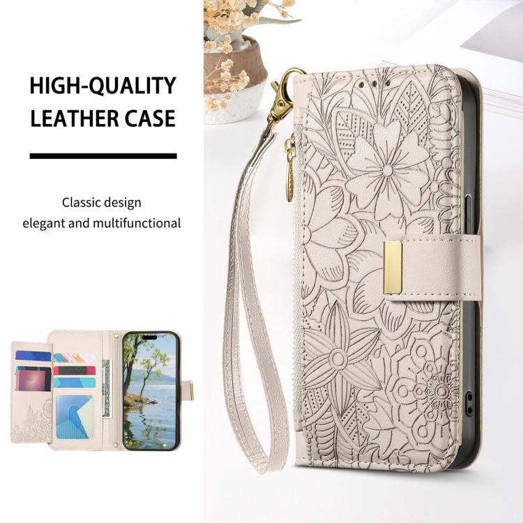 For OnePlus 15 Flowers Leaves Zipper Wallet Leather Phone Case with Strap