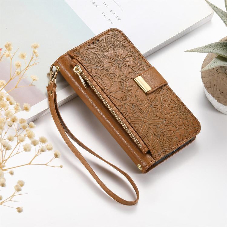 For Sharp Aquos Sense9 Flowers Leaves Zipper Wallet Leather Phone Case with Strap