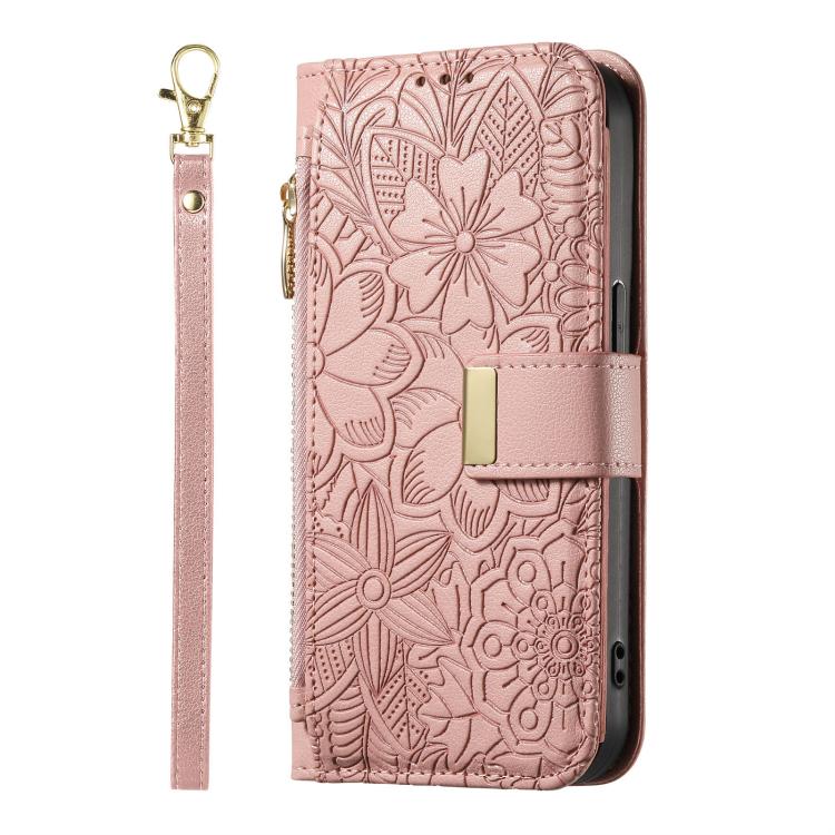 For Sharp Aquos Sense9 Flowers Leaves Zipper Wallet Leather Phone Case with Strap
