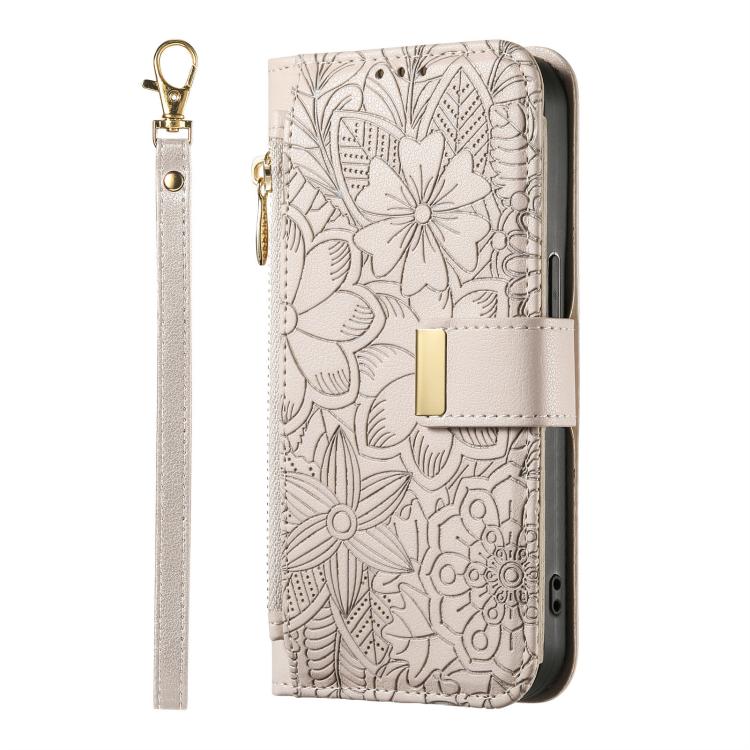 For Sharp Aquos Sense9 Flowers Leaves Zipper Wallet Leather Phone Case with Strap