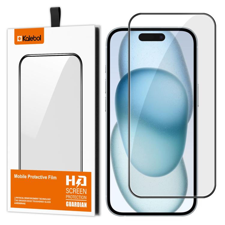 For iPhone 15 Plus Kalebol High-Aluminum Screen-Printed Full-Coverage Anti-Fingerprint Black-Bordered HD Tempered Glass Film