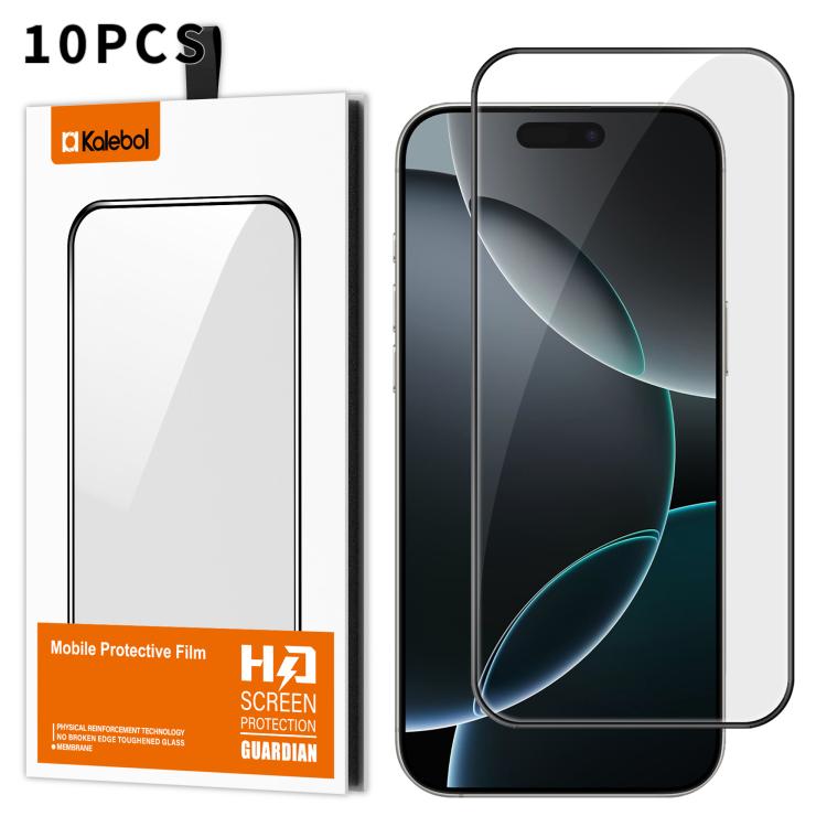 For iPhone 16 Pro Max 10pcs Kalebol High-Aluminum Screen-Printed Full-Coverage Anti-Fingerprint Black-Bordered HD Tempered Glass Film