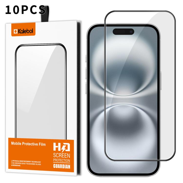 For iPhone 16 10pcs Kalebol High-Aluminum Screen-Printed Full-Coverage Anti-Fingerprint Black-Bordered HD Tempered Glass Film