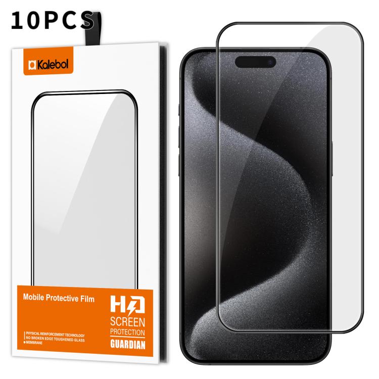 For iPhone 15 Pro 10pcs Kalebol High-Aluminum Screen-Printed Full-Coverage Anti-Fingerprint Black-Bordered HD Tempered Glass Film