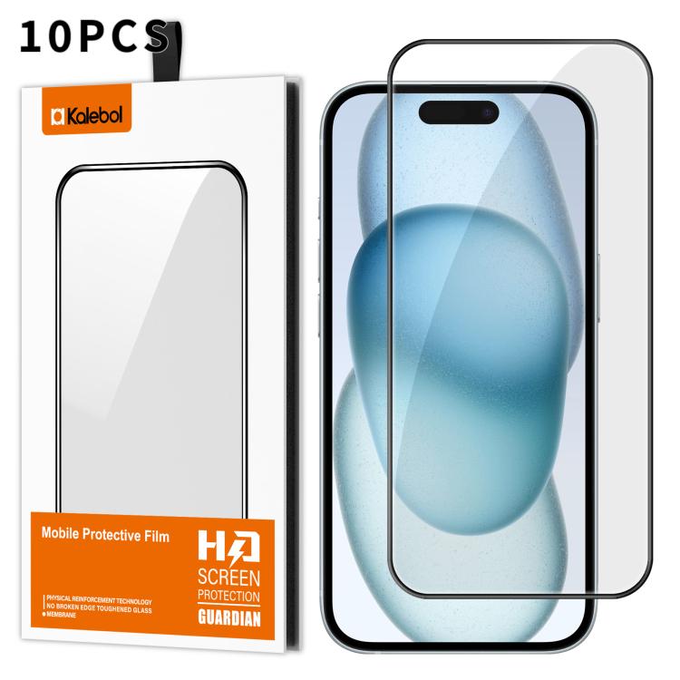 For iPhone 15 10pcs Kalebol High-Aluminum Screen-Printed Full-Coverage Anti-Fingerprint Black-Bordered HD Tempered Glass Film