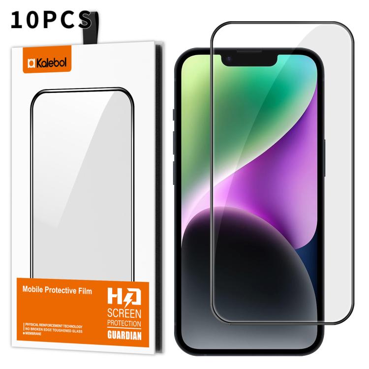 For iPhone 14 10pcs Kalebol High-Aluminum Screen-Printed Full-Coverage Anti-Fingerprint Black-Bordered HD Tempered Glass Film
