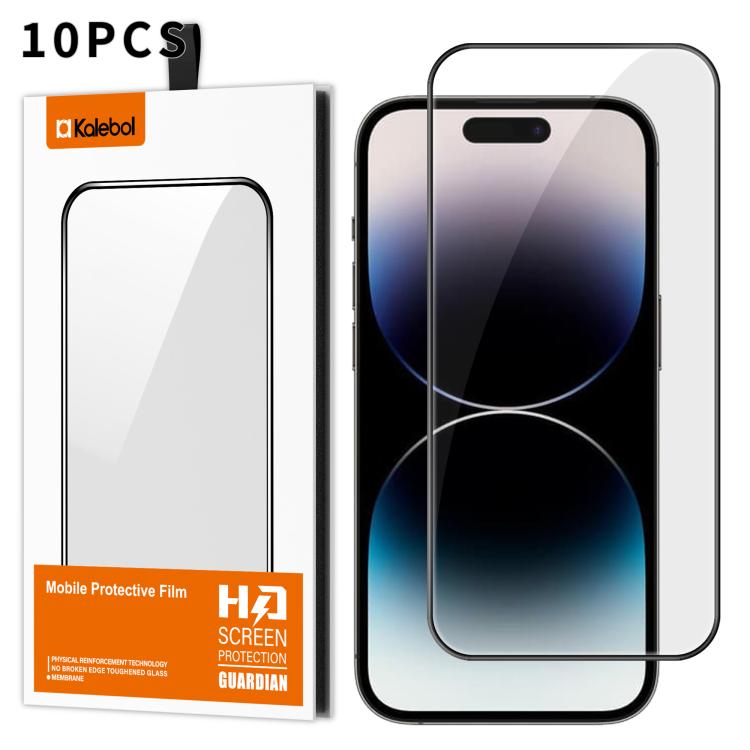 For iPhone 14 Pro Max 10pcs Kalebol High-Aluminum Screen-Printed Full-Coverage Anti-Fingerprint Black-Bordered HD Tempered Glass Film