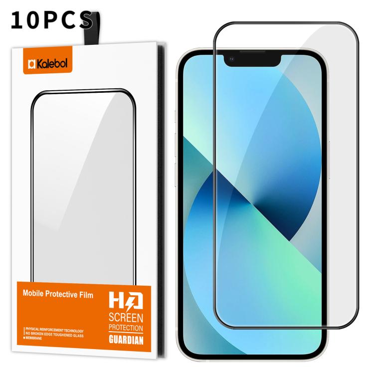 For iPhone 13 10pcs Kalebol High-Aluminum Screen-Printed Full-Coverage Anti-Fingerprint Black-Bordered HD Tempered Glass Film