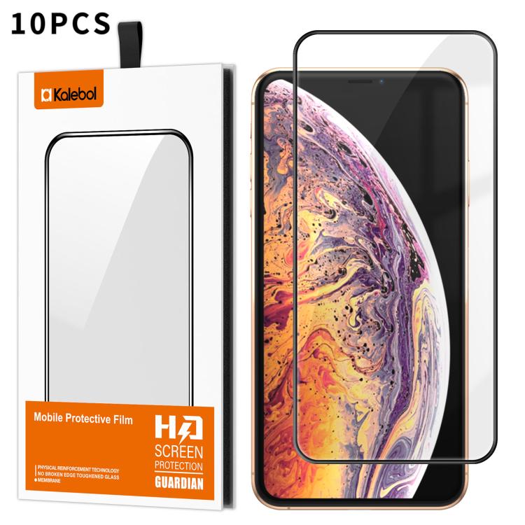 For iPhone XS Max 10pcs Kalebol High-Aluminum Screen-Printed Full-Coverage Anti-Fingerprint Black-Bordered HD Tempered Glass Film