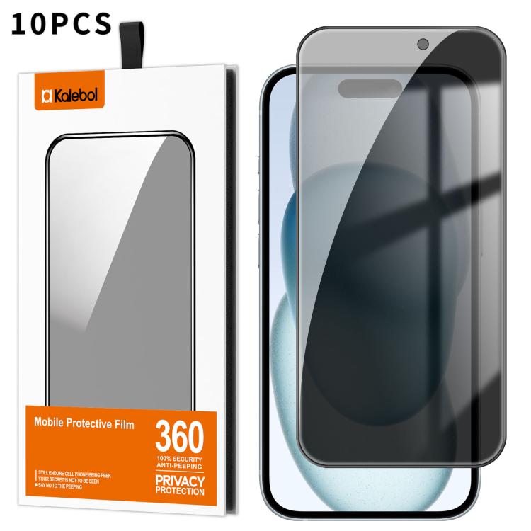 For iPhone 15 10pcs Kalebol High-Aluminum Screen-Printed Full-Coverage Black-Border Privacy Tempered Glass Film