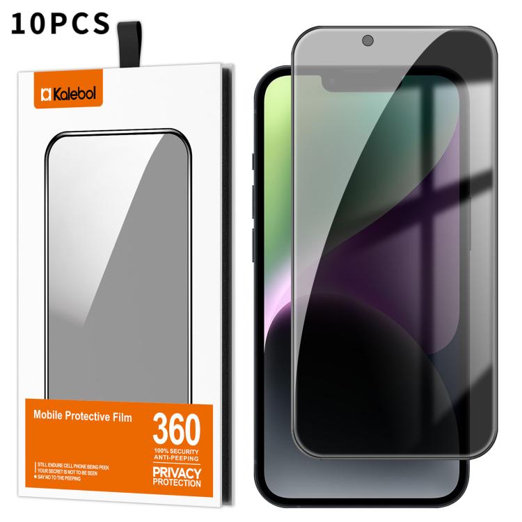 For iPhone 14 Plus 10pcs Kalebol High-Aluminum Screen-Printed Full-Coverage Black-Border Privacy Tempered Glass Film