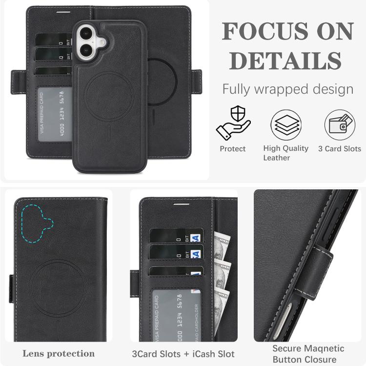 For iPhone 16 Plus Kalebol Strong Magnetic MagSafe Ring 2 In 1 Split Leather Phone Case