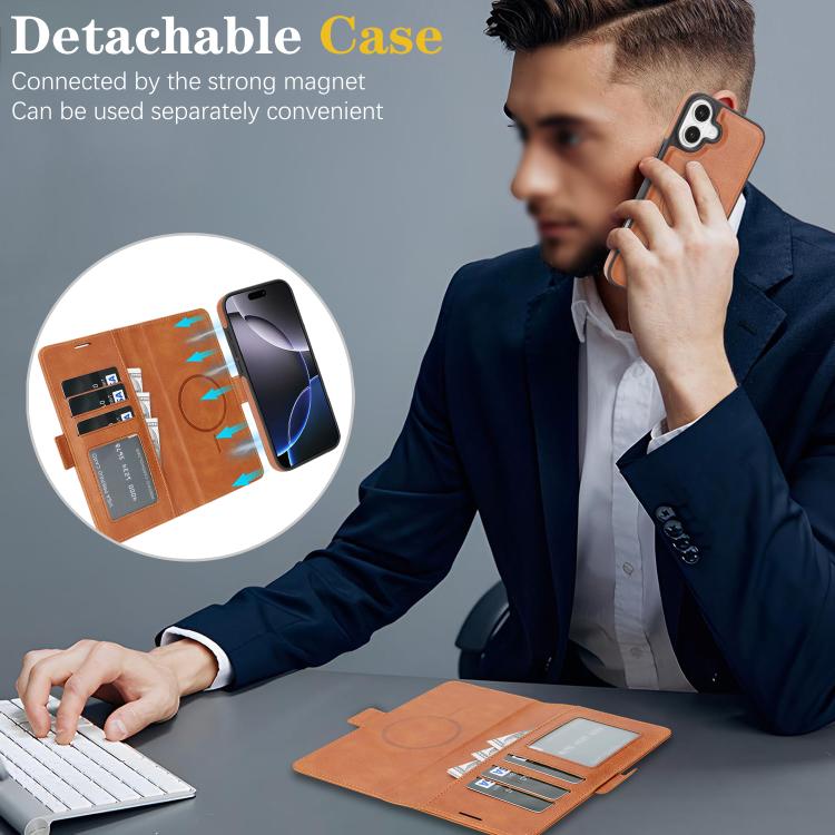 For iPhone 16 Plus Kalebol Strong Magnetic MagSafe Ring 2 In 1 Split Leather Phone Case
