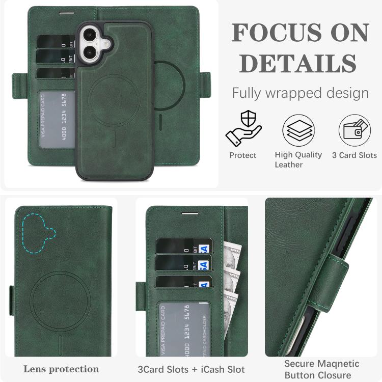 For iPhone 16 Plus Kalebol Strong Magnetic MagSafe Ring 2 In 1 Split Leather Phone Case