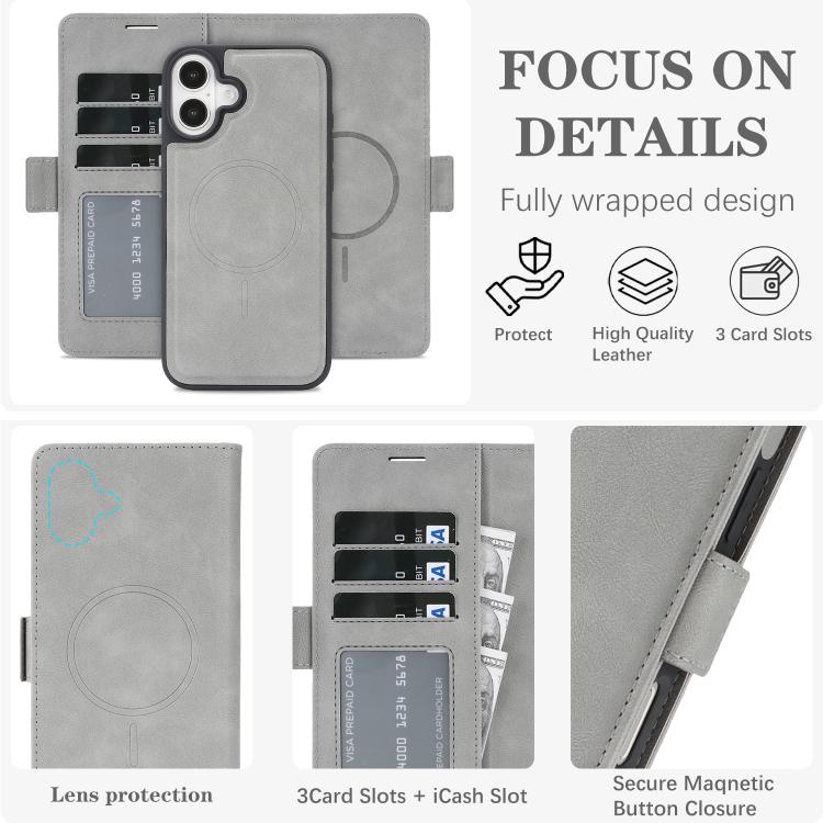 For iPhone 16 Plus Kalebol Strong Magnetic MagSafe Ring 2 In 1 Split Leather Phone Case