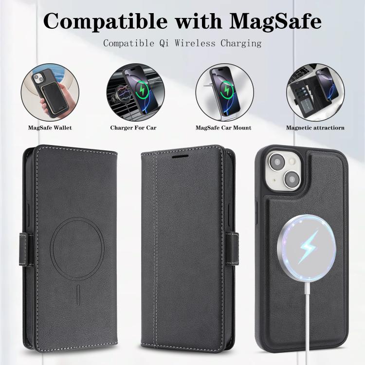 For iPhone 15 Plus Kalebol Strong Magnetic MagSafe Ring 2 In 1 Split Leather Phone Case