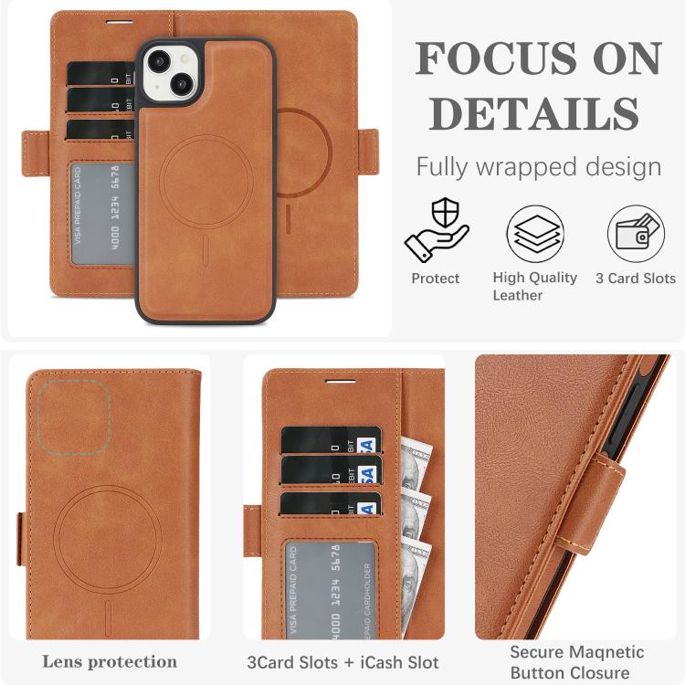 For iPhone 15 Plus Kalebol Strong Magnetic MagSafe Ring 2 In 1 Split Leather Phone Case