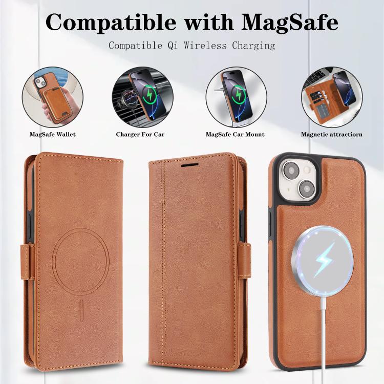 For iPhone 14 Plus Kalebol Strong Magnetic MagSafe Ring 2 In 1 Split Leather Phone Case