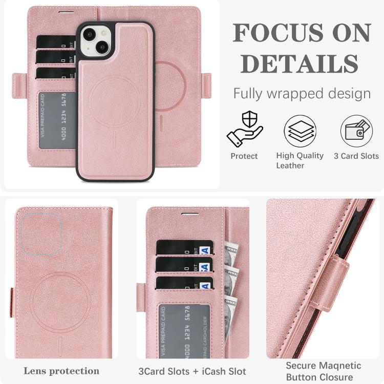 For iPhone 14 Plus Kalebol Strong Magnetic MagSafe Ring 2 In 1 Split Leather Phone Case