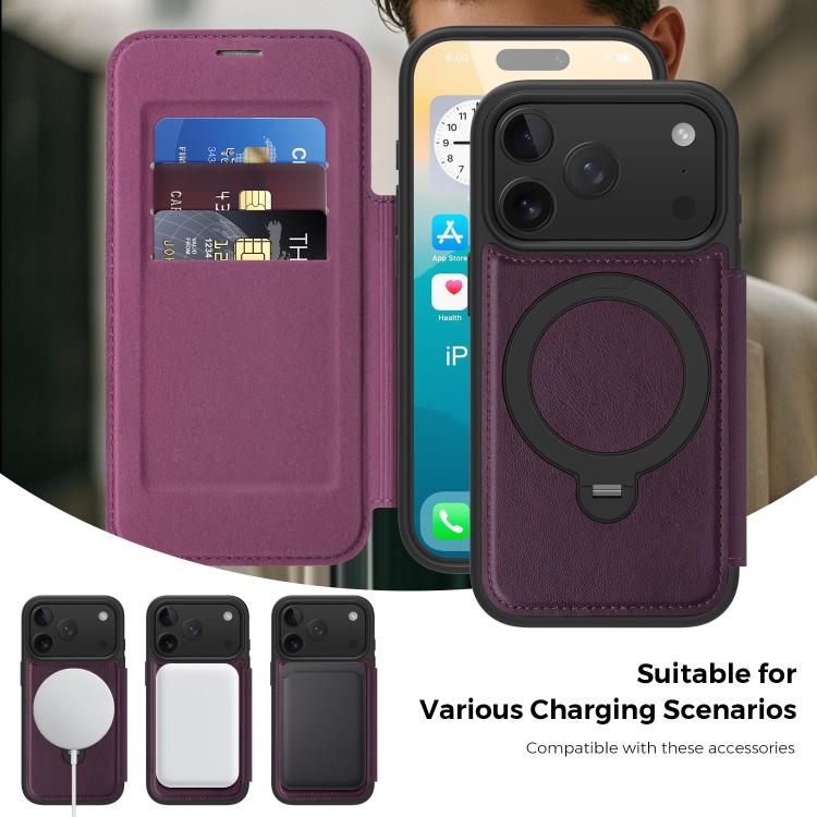 For iPhone 17 Pro Knight Shield 360 Rotation Holder MagSafe RFID Leather Phone Case