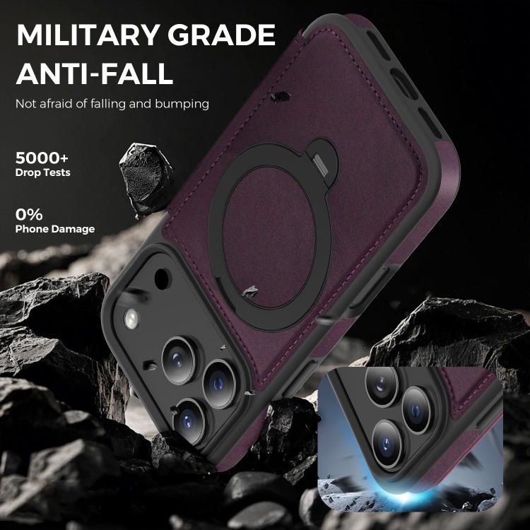 For iPhone 17 Pro Knight Shield 360 Rotation Holder MagSafe RFID Leather Phone Case